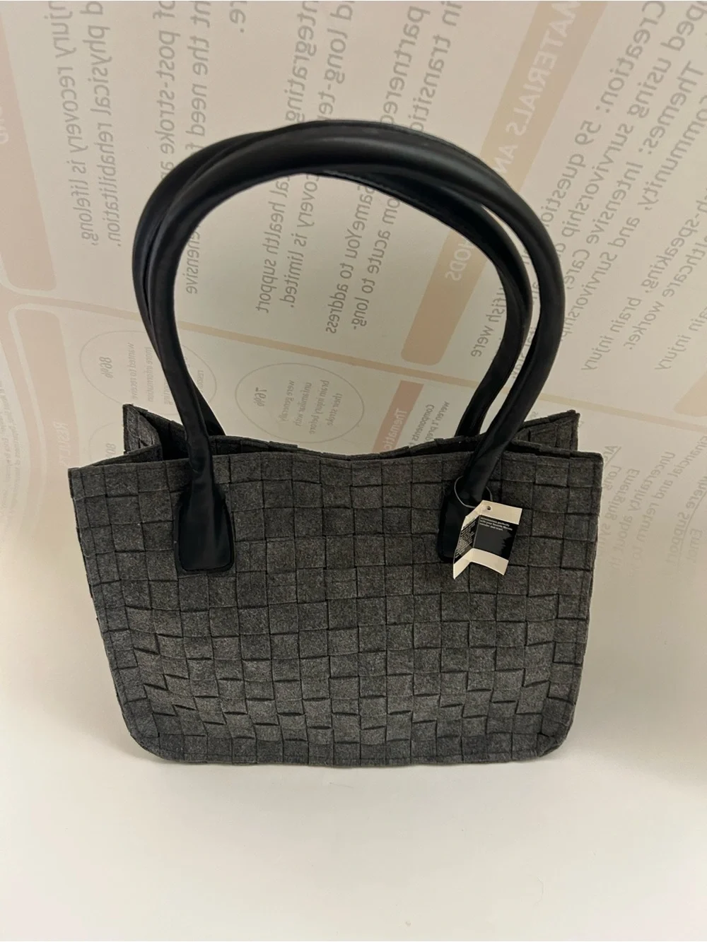 NWT Woven Grey Felt Tote Bag with Black leather Handles
